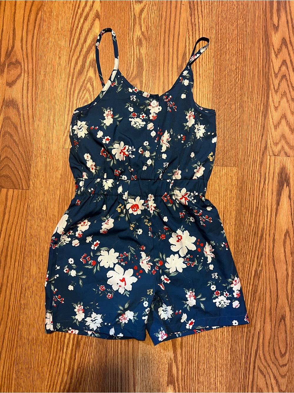 SHEIN Navy Blue Floral Spaghetti-Strap Romper